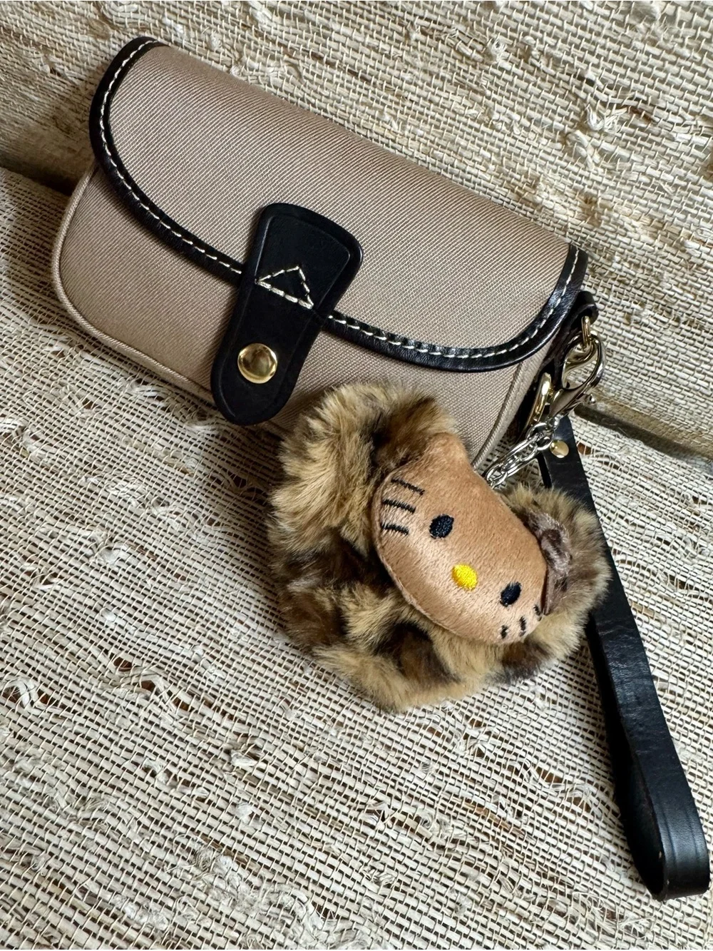 Dooney & Bourke Tan Twill Canvas Flap Wristlet Dark Brown Leather Trim